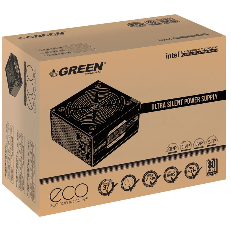 منبع تغذیه گرین مدل GP400A-ECO Rev3.1 نمای ۲